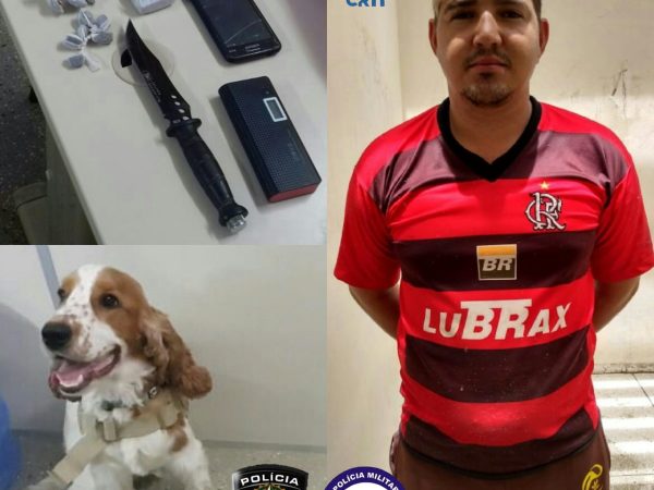 Com a ajuda do agente canino TOBY, os policiais encontraram dois tabletes e 13 porções de maconha - Foto: Caicó na Rota de Notícias