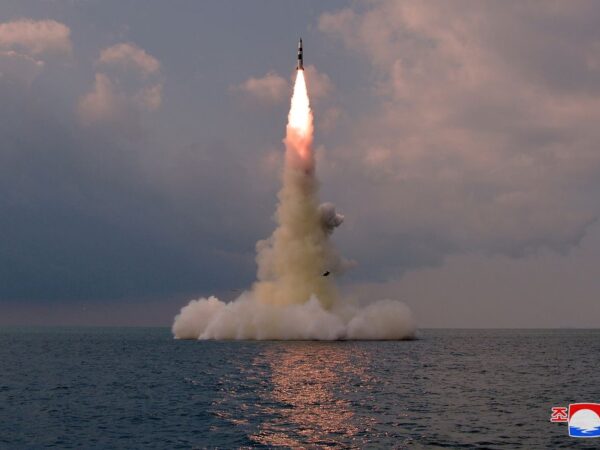 A new submarine-launched ballistic missile is seen during a test