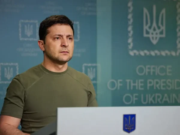 Ukrainian President Volodymyr Zelensky delivers a speech to the nation at the presidential palace.