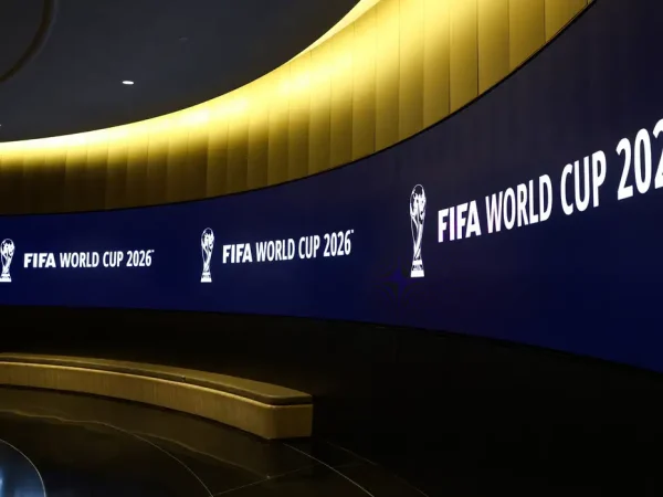 Jun 16, 2022; New York, New York, USA; A general view of a hallway showing the FIFA World Cup 2026 logo leading to the FIFA World Cup Announcement room. Mandatory Credit: Jessica Alcheh-USA TODAY Sports