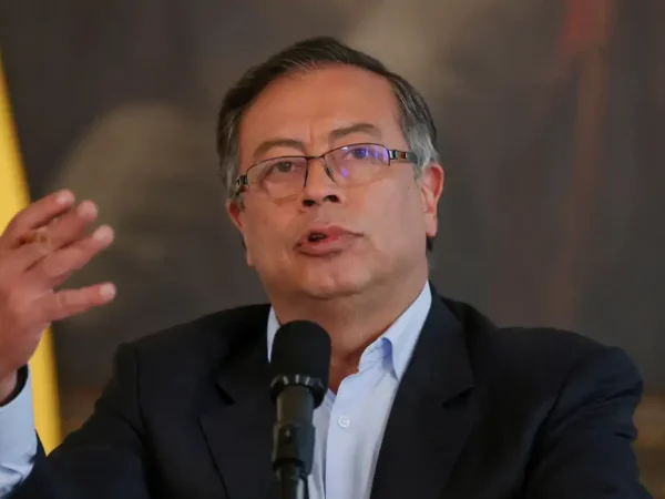 FILE PHOTO: Colombian President Gustavo Petro speaks to journalists about his government's first 100 days, in Bogota