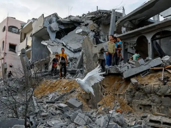 Ataques de Israel a Gaza-Um pombo sobrevoa os escombros de casas destruídas por ataques israelenses, em Khan Younis, no sul da Faixa de Gaza. 11 de outubro de 2023. REUTERS/Ibraheem Abu Mustafa