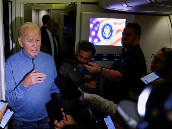 U.S. President Joe Biden speaks to the press onboard of Air Force One en route from Israel at Ramstein Air Base