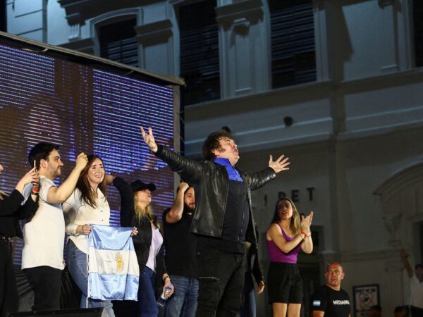 FILE PHOTO: Argentine presidential candidate Javier Milei reacts during the closing event of his electoral campaign ahead of the November 19 runoff election, in Cordoba, Argentina, November 16, 2023. REUTERS/Matias Baglietto/File Photo