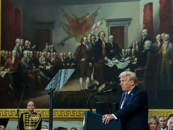 U.S. President Donald Trump delivers his inaugural address on the day of his Presidential Inauguration at the Rotunda of the U.S. Capitol in Washington, U.S., January 20, 2025. REUTERS/Kevin Lamarque/Pool/Proibifa reprodução
