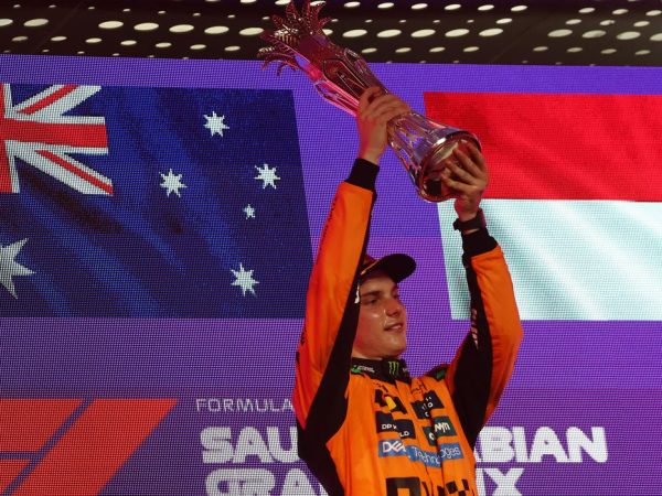 Formula One F1 - Saudi Arabian Grand Prix - Jeddah Corniche Circuit, Jeddah, Saudi Arabia - April 20, 2025
McLaren's Oscar Piastri celebrates with the trophy on the podium after winning the Saudi Arabian Grand Prix REUTERS/Jakub Porzycki