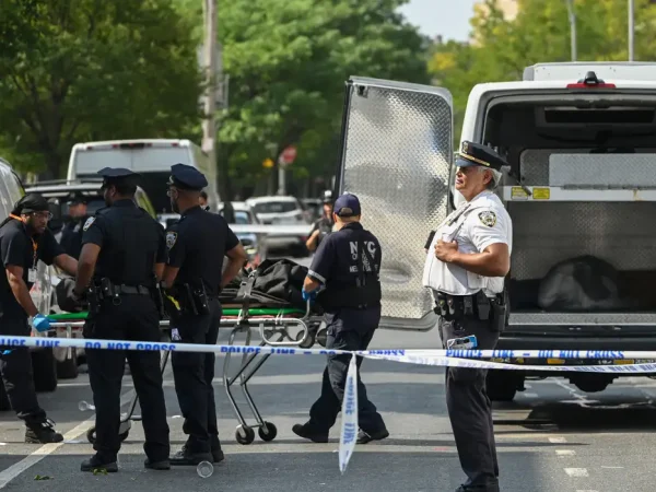 NEW YORK, UNITED STATES - AUGUST 17: Members of the New York City Office of the Chief Medical Examiner removed a man’s body from Taste of the City Bar and Lounge which is the site where three people were killed and eight other people were injured in a mass shooting inside of Taste of the City Bar and Lounge on Franklin Avenue in Crown Heights, Brooklyn, New York, United States on August 17, 2025. Three people were killed and eight others were wounded when multiple shooters opened fire inside Taste of the City Lounge at 903 Franklin Avenue in the Crown Heights neighborhood just before 3:30 a.m. The deceased are three men, who were 27, 35, and an unknown age. Eight others are at a local hospital. The body that was removed from the scene was a man who was shot and killed in the mass shooting. Kyle Mazza / AnadoluNo Use USA No use UK No use Canada No use France No use Japan No use Italy No use Australia No use Spain No use Belgium No use Korea No use South Africa No use Hong Kong No use New Zealand No use Turkey