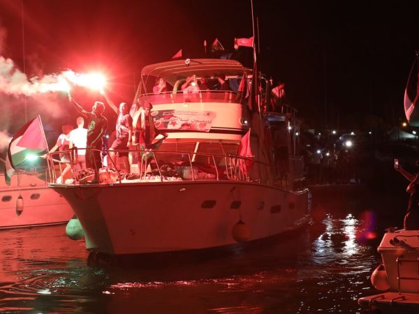 TUNIS, TUNISIA - SEPTEMBER 16: The Deir Yasin vessel from the Maghreb Sumud Convoy set sail from Sidi Bu Said port during night as the boats of the Global Sumud Flotilla Flotilha continue to head towards Gaza to deliver humanitarian aid, in Tunis, Tunisia on September 16, 2025. Mohammed Mdalla / AnadoluNo Use USA No use UK No use Canada No use France No use Japan No use Italy No use Australia No use Spain No use Belgium No use Korea No use South Africa No use Hong Kong No use New Zealand No use Turkey