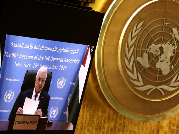 Palestinian President Mahmoud Abbas addresses the 80th United Nations General Assembly via video, at U.N. headquarters in New York, U.S., September 25, 2025.  REUTERS/Caitlin Ochs     TPX IMAGES OF THE DAY