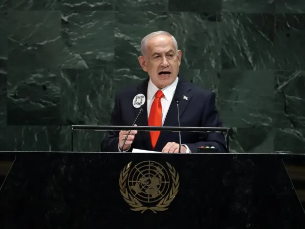 Benjamin Netanyahu em discurso na ONU
 26/9/2025   REUTERS/Jeenah Moon