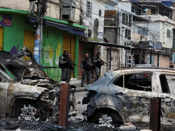 Members of the military police special unit patrol a street during a police operation against drug trafficking at the favela do Penha, in Rio de Janeiro, Brazil October 28, 2025. REUTERS/Aline Massuca