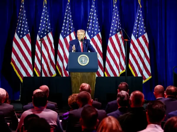 U.S. President Donald Trump addresses House Republicans at their annual issues conference retreat, at the Kennedy Center, renamed the Trump-Kennedy Center by the Trump-appointed board of directors, in Washington, D.C., U.S., January 6, 2026. REUTERS/Kevin Lamarque     TPX IMAGES OF THE DAY