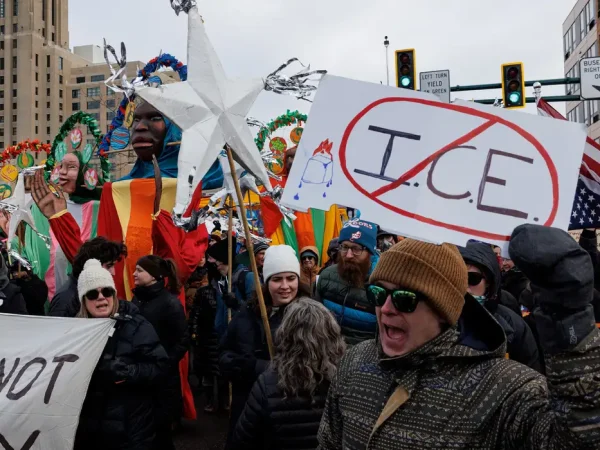 People march during a protest against increased immigration enforcement, after the fatal shooting of Renee Nicole Good by a U.S. Immigration and Customs Enforcement (ICE) agent, in Minneapolis, Minnesota, U.S., January 10, 2026. REUTERS/Tyrone Siu
