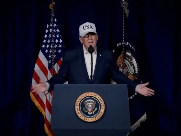 U.S. President Donald Trump speaks to announce that the U.S. had begun