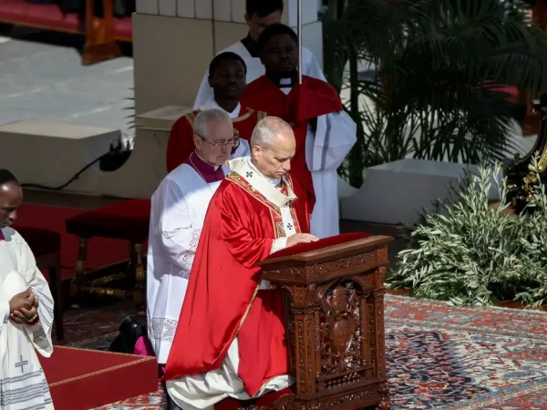 Pope Leo XIV kneels during Palm Sunday Mass in Saint Peter's Square at the Vatican, March 29, 2026. REUTERS/Francesco Fotia     TPX IMAGES OF THE DAY