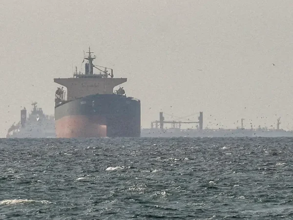 FILE PHOTO: Cargo ships in the Gulf, near the Strait of Hormuz, as seen from northern Ras al-Khaimah, near the border with Oman’s Musandam governance, amid the U.S.-Israeli conflict with Iran, in United Arab Emirates, March 11, 2026. REUTERS/Stringer//File Photo