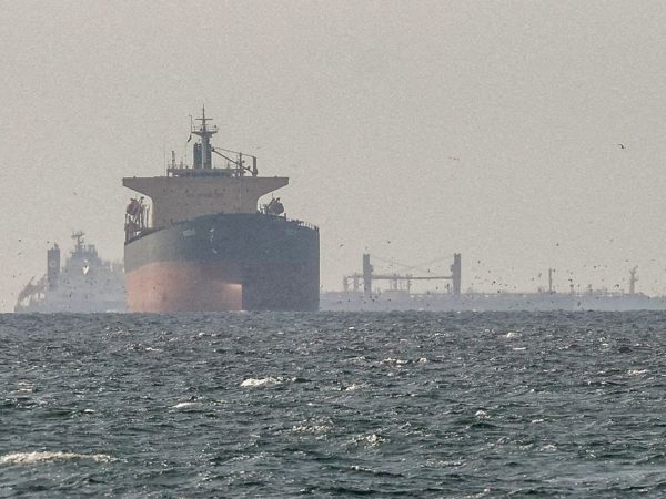 FILE PHOTO: Cargo ships in the Gulf, near the Strait of Hormuz, as seen from northern Ras al-Khaimah, near the border with Oman’s Musandam governance, amid the U.S.-Israeli conflict with Iran, in United Arab Emirates, March 11, 2026. REUTERS/Stringer//File Photo