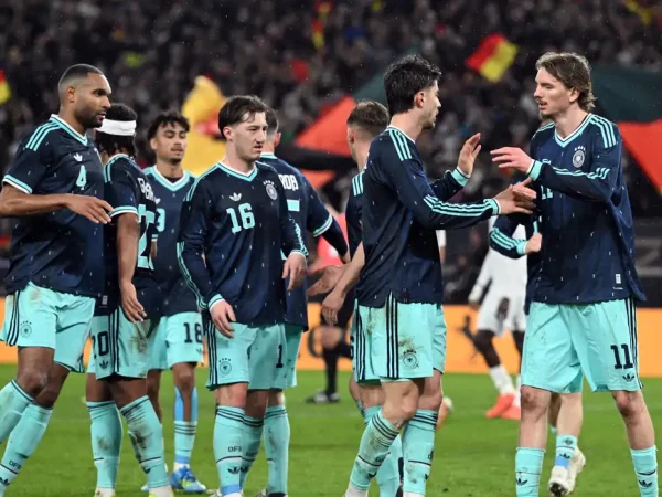 Soccer, Men: International matches, Germany - Ghana, MHPArena, Jonathan Tah (Germany), Kai Havertz (Germany), Angelo Stiller (Germany), Florian Wirtz (Germany) and Nick Woltemade (Germany) celebrate the 1:0 goal.