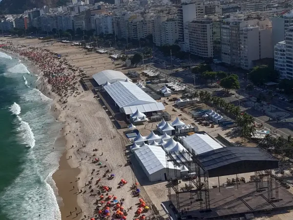 A drone view of stage preparations on Copacabana beach ahead of Colombian singer Shakira's open concert on May 2, in Rio de Janeiro, Brazil, April 19, 2026. REUTERS/Pilar Olivares