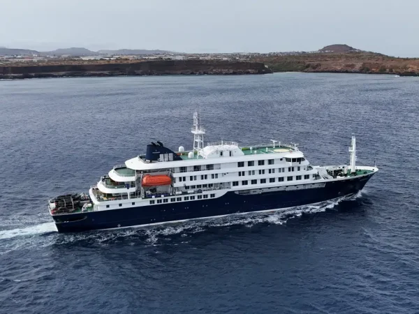 A drone view of the cruise ship MV Hondius, carrying passengers suspected of having cases of hantavirus on board, leaves Praia, Cape Verde, May 6, 2026. REUTERS/Stringer