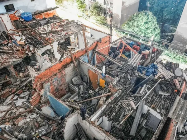 View of the site where a fire set off by a potential gas explosion damaged homes and injured people, according to the local fire department, in Sao Paulo, Brazil, May 11, 2026. REUTERS/Alexandre Meneghini