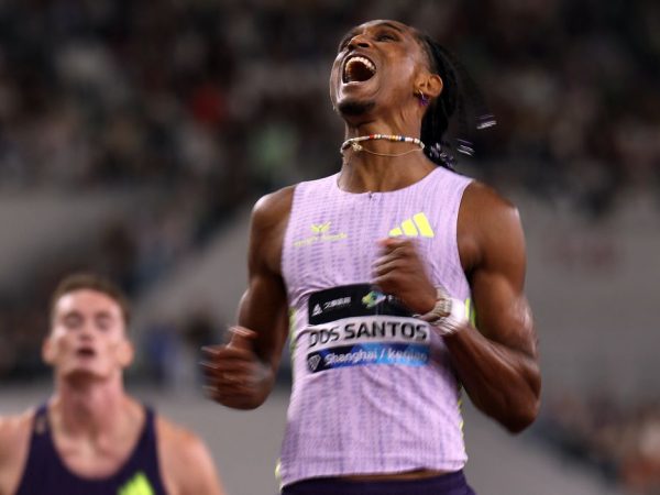 Athletics - Diamond League - Shanghai/Keqiao - China Textile City Sports Center, Shaoxing, China - May 16, 2026 Brazil's Alison dos Santos celebrates after winning the Men's 300m Hurdles to become the new world leader REUTERS/Go Nakamura