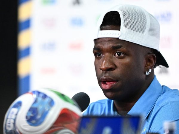 Soccer Football - FIFA World Cup 2026 - Brazil Press Conference - New York/New Jersey Stadium, East Rutherford, New Jersey, U.S. - June 12, 2026  Brazil's Vinicius Junior during the press conference REUTERS/Dylan Martinez