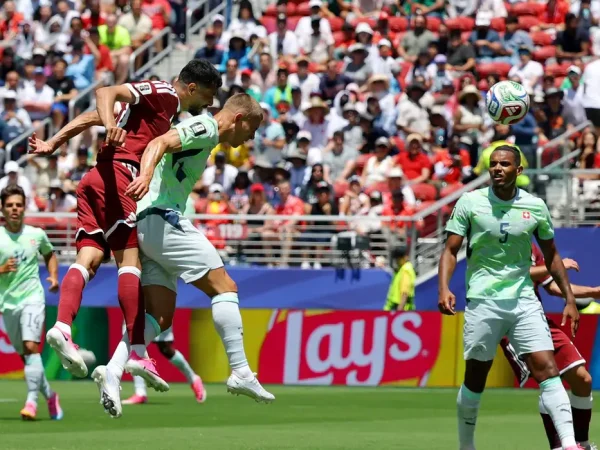 Soccer Football - FIFA World Cup 2026 - Group B - Qatar v Switzerland - San Francisco Bay Area Stadium, Santa Clara, California, U.S. - June 13, 2026 Qatar's Boualem Khoukhi scores their first goal REUTERS/Carlos Barria     TPX IMAGES OF THE DAY