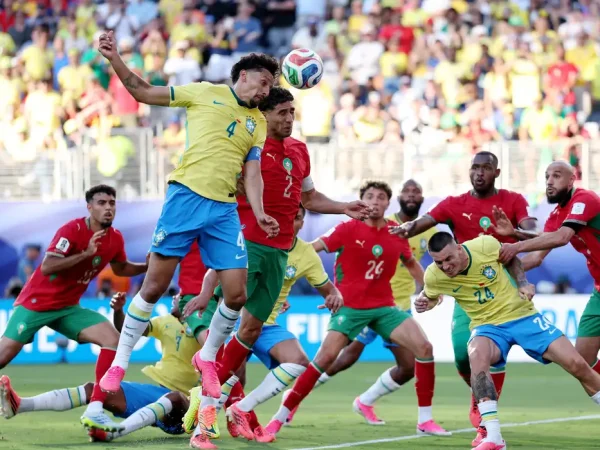 Soccer Football - FIFA World Cup 2026 - Group C - Brazil v Morocco - New York/New Jersey Stadium, East Rutherford, New Jersey, U.S. - June 13, 2026 Brazil's Marquinhos in action with Morocco's Achraf Hakimi REUTERS/John Sibley