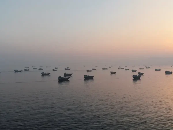 FILE PHOTO: A drone view shows vessels in the Strait of Hormuz, as seen from Musandam, Oman, June 15, 2026. REUTERS/Stringer/File Photo