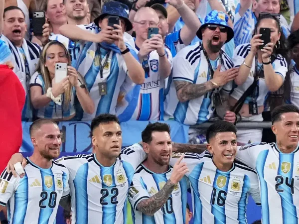 Soccer Football - FIFA World Cup 2026 - Group J - Argentina v Algeria - Kansas City Stadium, Kansas City, Missouri, U.S. - June 16, 2026
Argentina's Lionel Messi celebrates scoring their first goal with Alexis Mac Allister, Lautaro Martinez, Thiago Almada and Enzo Fernandez IMAGN IMAGES via Reuters/Jay Biggerstaff