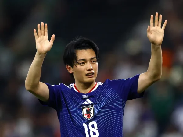 Soccer Football - FIFA World Cup 2026 - Group F - Tunisia v Japan - Estadio Monterrey, Monterrey, Mexico - June 21, 2026
Japan's Ayase Ueda celebrates after the match REUTERS/Daniel Becerril
