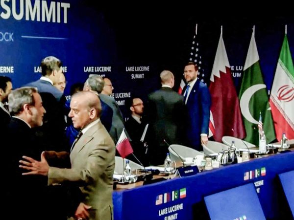 Pakistan's Prime Minister Shehbaz Sharif welcomes Iran's Foreign Minister Abbas Araqchi, as U.S. Vice President JD Vance and  U.S. President Donald Trump's son-in-law Jared Kushner stand in the background, before the start of a quadrilateral meeting between the U.S., Iran, Pakistan, and Qatar at the Lake Lucerne Summit, aimed at advancing a deal to end the Middle East conflict, at Buergenstock Resort Lake Lucerne, near Stansstad, Switzerland, June 21, 2026, in this screenshot obtained from a video. 

US NETWORK POOL via REUTERS 

UNITED STATES OUT. NO COMMERCIAL OR EDITORIAL SALES IN UNITED STATES