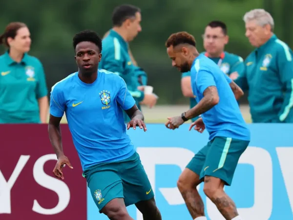 Soccer Football - FIFA World Cup 2026 - Brazil Training - Columbia Park Training Facility, Morristown, New Jersey, U.S. - June 23, 2026  Brazil's Vinicius Junior and Neymar Jr. during training IMAGN IMAGES via Reuters/Vincent Carchietta
