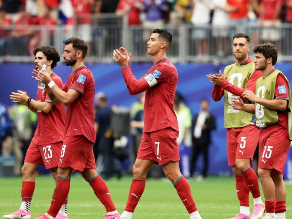 Soccer Football - FIFA World Cup 2026 - Group K - Portugal v Uzbekistan - Houston Stadium, Houston, Texas, U.S. - June 23, 2026 Portugal's Cristiano Ronaldo, Bruno Fernandes, Vitinha, Joao Neves and Diogo Dalot celebrate after the match IMAGN IMAGES via Reuters/Troy Taormina