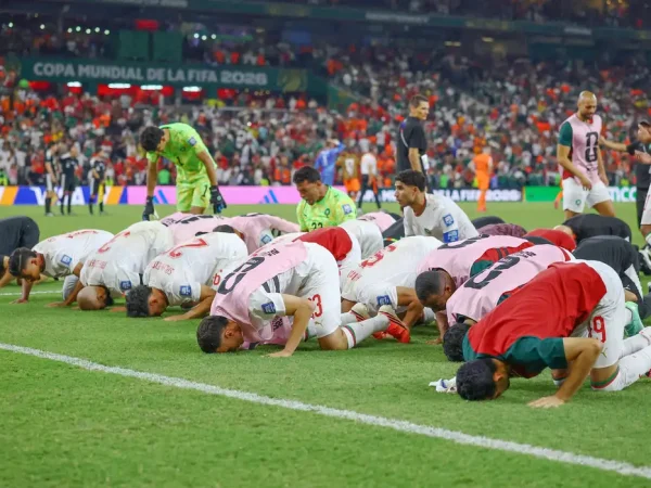 Soccer Football - FIFA World Cup 2026 - Round of 32 - Netherlands v Morocco - Estadio Monterrey, Monterrey, Mexico - June 29, 2026
Morocco players celebrate after the penalty shootout as Morocco qualify for the round of 16 stage of the World Cup REUTERS/Daniel Becerril     TPX IMAGES OF THE DAY