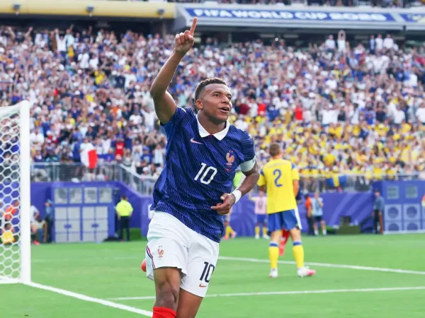 Soccer Football - FIFA World Cup 2026 - Round of 32 - France v Sweden - New York New Jersey Stadium, East Rutherford, New Jersey, U.S. - June 30, 2026
France's Kylian Mbappe celebrates scoring their third goal IMAGN IMAGES via Reuters/Vincent Carchietta