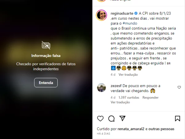 O Instagram não permite a exibição do vídeo de forma automática, e no post aparece “Informação falsa. — Foto: Reprodução