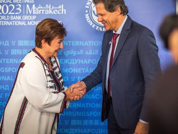 12/10/2023, O ministro da Fazenda, Fernando Haddad, durante reunião bilateral com Kristalina Georgieva, Diretora-Geral do FMI. Foto: Diogo Zacarias/MF