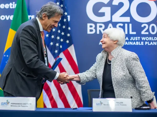 Rio de Janeiro (RJ), 26.07.2024 - Ministro da Fazenda Fernando Haddad durante pronunciamento com Janet Yellen, Secretária do Tesouro dos Estados Unidos, em cerimônia de assinatura de acordo no G20. Foto: Diogo Zacarias/MF