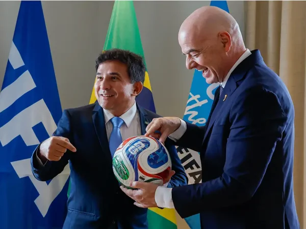 MIAMI, FLORIDA - JUNE 5: FIFA President Gianni Infantino meets with Brazil sports minister Paulo Henrique Cordeirto on June 5, 2026 in Miami, Florida.  (Photo by Eva Marie Uzcategui - FIFA/FIFA via Getty Images)
