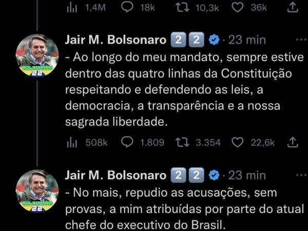 Declaração de Bolsonaro após atos de vandalismo em Brasília. — Foto: Reprodução / Twitter