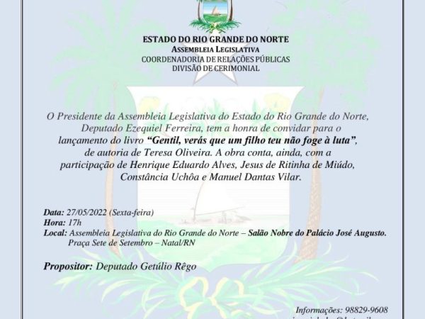 O evento acontecerá no dia 27 de maio no Salão Nobre do Palácio José Augusto. — Foto: Divulgação
