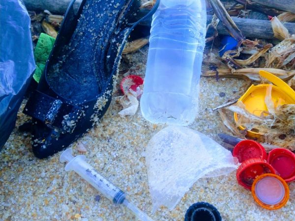 O lixo foi trazido pela ação das ondas e surpreendeu pela quantidade de plásticos e de lixo hospitalar, como seringas. — Foto: Divulgação