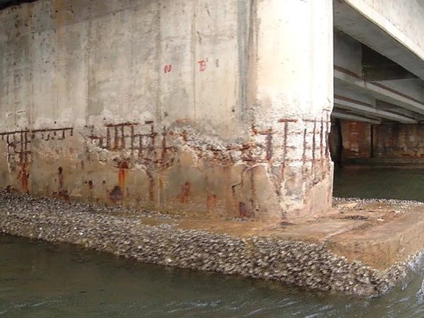 Pilares da ponte serão priorizados na obra emergencial, dado o desgaste — Foto: Reprodução/Flávio Muniz/Inter TV Cabugi