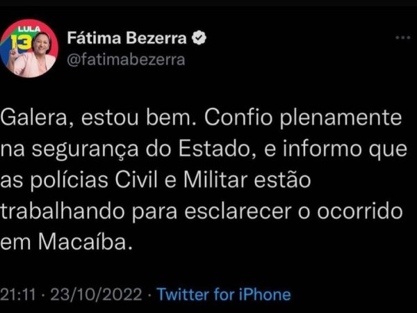 Publicação da governadora Fátima nas redes sociais, após o ocorrido. — Foto: Reprodução