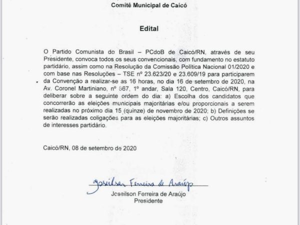 A Convenção Partidária acontecerá na sede do Comitê Municipal no Centro da cidade de Caicó. — Foto: Divulgação