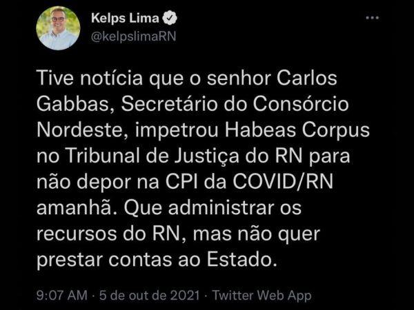 Através do Twitter, o deputado Kelps Lima criticou a postura de Gabas. — Foto: Reprodução