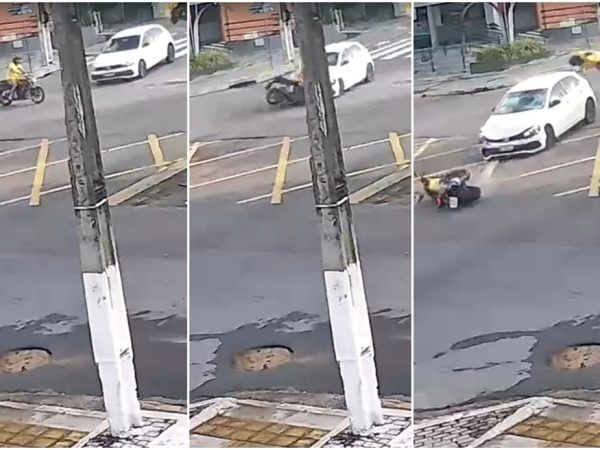 Motociclista foi arremessado após colisão com veículo — Foto: Reprodução