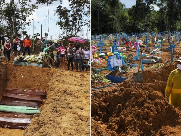 Cemitérios de Manaus em diferentes momentos de alta nas mortes por Covid-19 — Foto: Edmar Barros/AFP; Bruno Kelly/Reuters